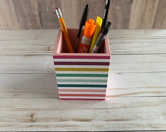 Pink Striped Girl’s Desk Tabletop Organizer, Decorative Wood Box for Desk Organization, Teacher Desk, Home Decor Box, Vanity Bathroom