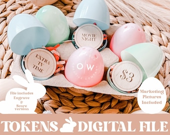 May include: Six pastel plastic Easter eggs with wooden circles inside. The circles have different text on them, including "Movie Night", "Extra TV Time", "$3", and "OW Creative Company".