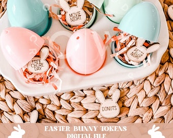 May include: A set of six pastel plastic Easter eggs with bunny-shaped wooden tokens inside. The tokens have different phrases written on them, including "Movie Night", "Pizza Night", "Free Chore Day", and "Donuts".