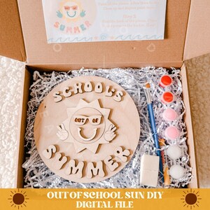 May include: A wooden craft kit for making a "Schools Out Summer" sign. The kit includes a pre-cut wooden sun shape, paint, a paintbrush, and glue. The sign is decorated with the words "Schools Out Summer" and a smiling sun with sunglasses.