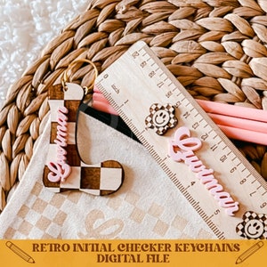Initial checker keychain svg, keychain svg, retro keychain svg, initial keychain svg, bag tag svg, backpack keychain svg, bag keychain svg