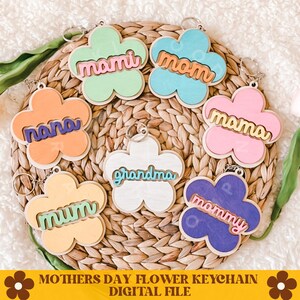 K&ouml;nnte beinhalten: Satz von sieben Schl&uuml;sselanh&auml;ngern aus Holz in Form von Blumen in verschiedenen Farben mit den W&ouml;rtern "mimi", "mom", "nana", "mama", "grandma", "mum" und "mommy" darauf.