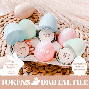 May include: Six pastel plastic Easter eggs with wooden circles inside. The circles have different text on them, including "Movie Night", "Extra TV Time", "£3", and "OW Creative Company".