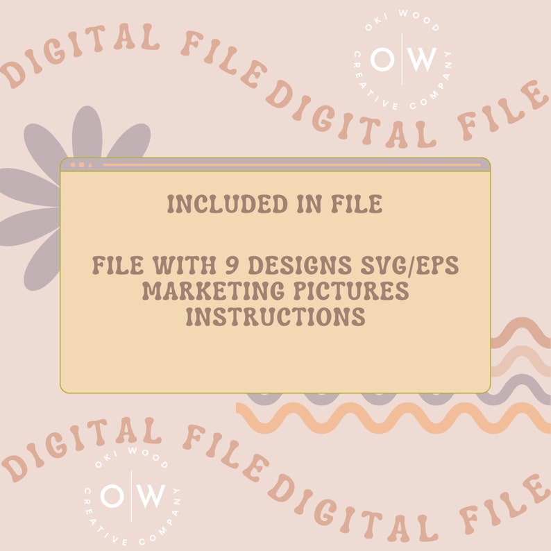 Puede incluir: Un gr&aacute;fico de descarga de archivo digital con un fondo melocot&oacute;n y un rect&aacute;ngulo amarillo con el texto "INCLUIDO EN EL ARCHIVO" y "ARCHIVO CON 9 DISE&Ntilde;OS SVG/EPS IM&Aacute;GENES DE MARKETING INSTRUCCIONES". El gr&aacute;fico est&aacute; rodeado por un borde ondulado melocot&oacute;n y morado con el texto "ARCHIVO DIGITAL ARCHIVO DIGITAL" en la parte superior e inferior.