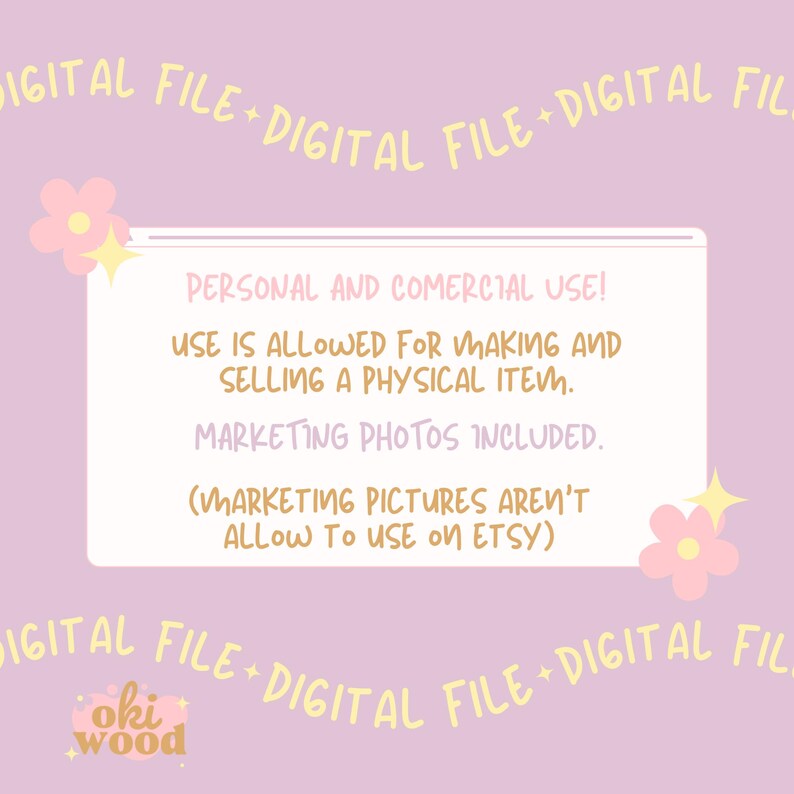 May include: Pink and yellow digital file graphic with the text "PERSONAL AND COMERCIAL USE! USE IS ALLOWED FOR MAKING AND SELLING A PHYSICAL ITEM. MARKETING PHOTOS INCLUDED. (MARKETING PICTURES AREN'T ALLOW TO USE ON ETSY)"