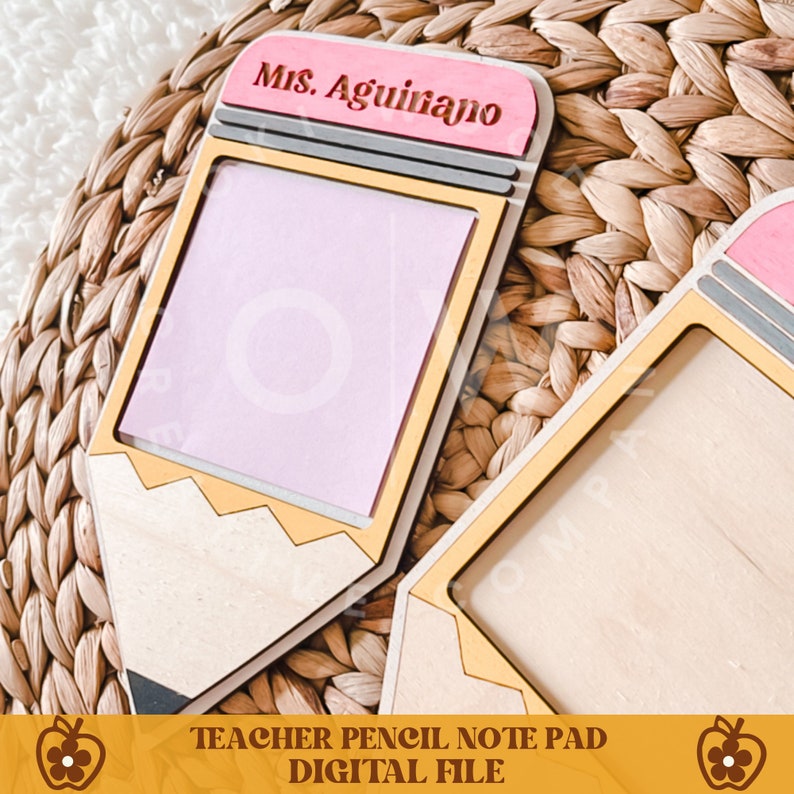 May include: Wooden pencil-shaped notepad with a pink eraser and a light pink notepad. The notepad has the name "Ms. Aguinajo" on the eraser. The text "TEACHER PENCIL NOTE PAD DIGITAL FILE" is at the bottom.