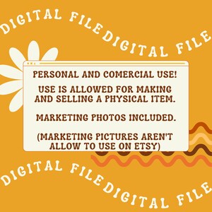 May include: A yellow background with the text "DIGITAL FILE DIGITAL FILE" repeated around the edges. A white rectangle with the text "PERSONAL AND COMERCIAL USE! USE IS ALLOWED FOR MAKING AND SELLING A PHYSICAL ITEM. MARKETING PHOTOS INCLUDED. (MARKETING PICTURES AREN'T ALLOW TO USE ON ETSY)" is in the center of the image.