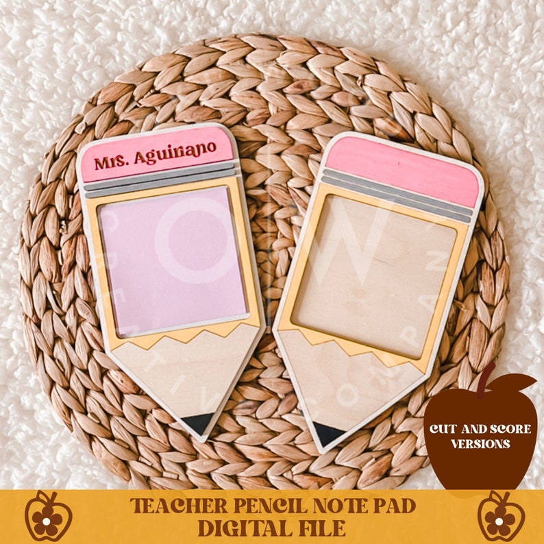 May include: Two wooden pencil-shaped note pads with pink erasers and a light wood body. One pad has the name "Mrs. Aguiano" on it. The pads are on a woven surface. The bottom of the image reads "Teacher Pencil Note Pad Digital File."