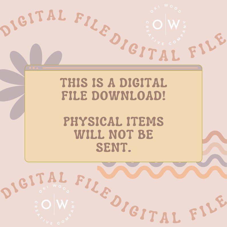 Pu&ograve; includere: Una grafica di download di file digitale con uno sfondo pesca e una casella gialla con il testo "Questo &egrave; un download di file digitale! Gli articoli fisici non saranno inviati."