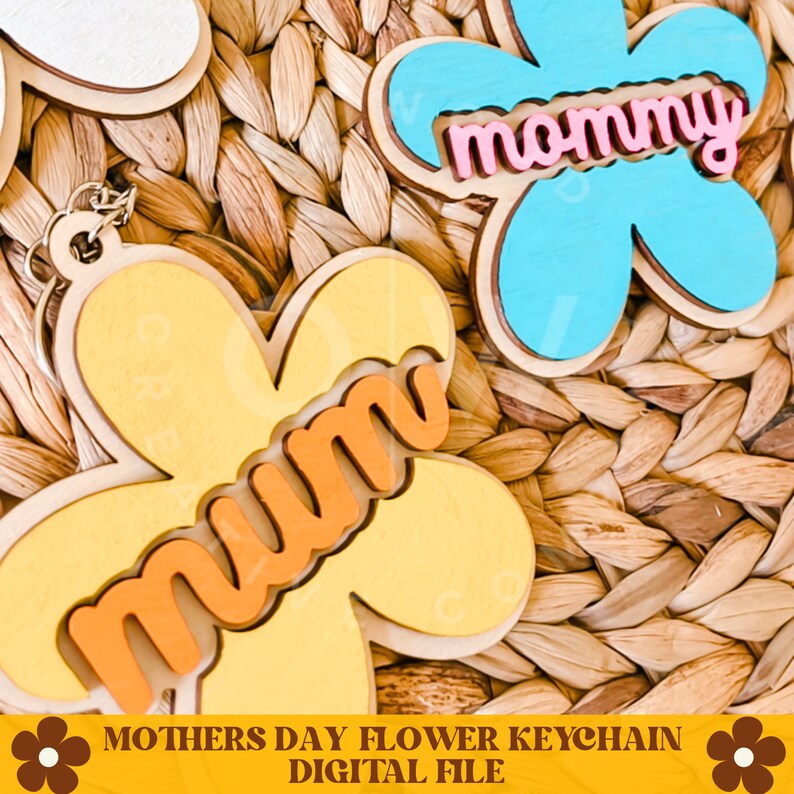 May include: A set of two wooden flower-shaped keychains with the words "mum" and "mommy" in colorful, layered lettering. The keychains are on a woven wicker background.