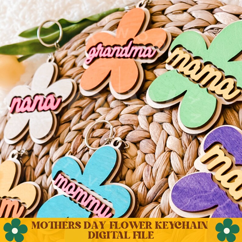 May include: Set of six wooden flower keychain charms with different colors and names including "mama", "nana", "mommy", "grandma", and "ma".
