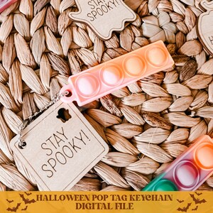 Op de afbeelding: Een roze en oranje pop it sleutelhanger met een houten label waarop "Stay Spooky!" staat.  Digitaal bestand voor een Halloween pop it sleutelhanger.