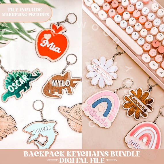Keychain bundle svg, backpack keychain svg, dino keychian svg, space keychain svg, rainbow keychain svg, flower keychain svg, shark keychain