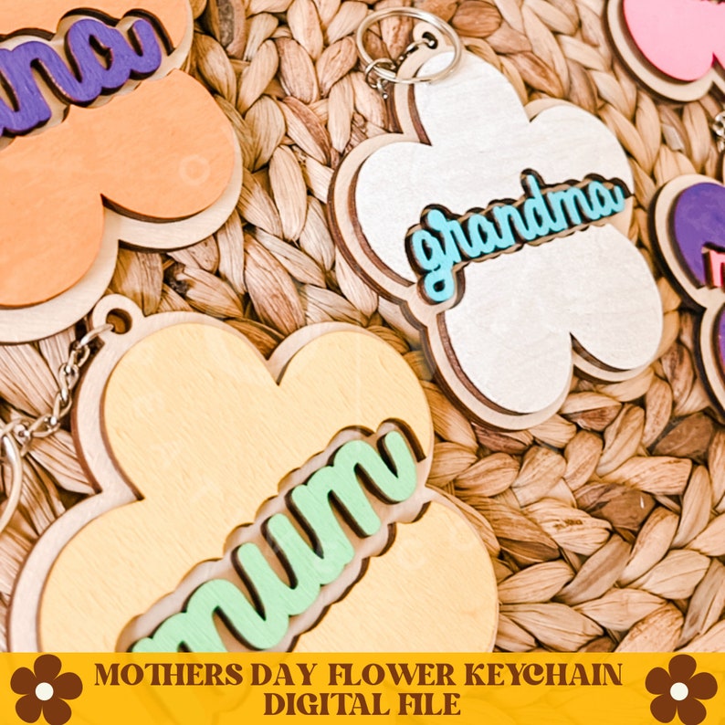 K&ouml;nnte beinhalten: Drei Schl&uuml;sselanh&auml;nger aus Holz in Blumenform mit den Worten "mom", "mum" und "grandma" in bunten, stilisierten Buchstaben. Die Schl&uuml;sselanh&auml;nger liegen auf einem geflochtenen Weidenhintergrund.