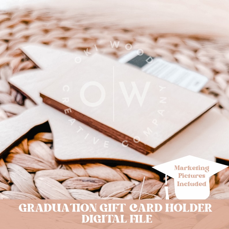 May include: Wooden graduation cap gift card holder, a digital file for crafting. The cap is brown and white with the text "Marketing Pictures Included" on the front.
