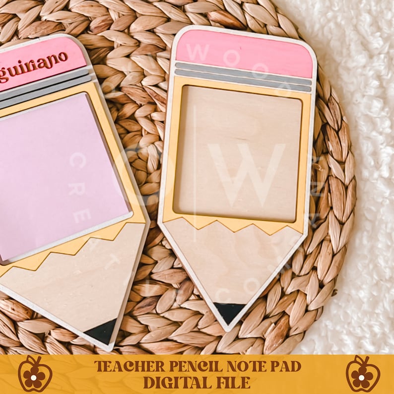 May include: Two wooden pencil-shaped note pads. The pencils have a pink eraser, gray ferrule, and a light wood body with a black tip. One has a pink notepad, the other is empty. The text "Teacher Pencil Note Pad Digital File" is at the bottom.