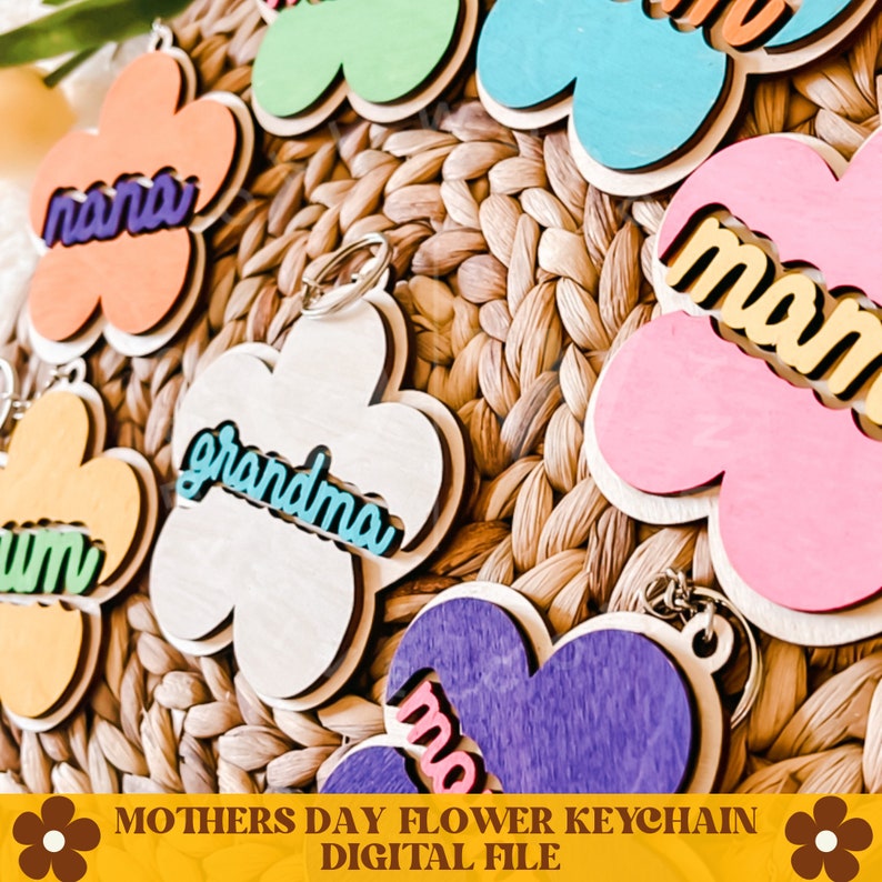 K&ouml;nnte beinhalten: Ein Set aus sechs bunten, blumenf&ouml;rmigen Schl&uuml;sselanh&auml;ngern mit verschiedenen W&ouml;rtern darauf, darunter "mom", "nana", "grandma" und "mum". Die Schl&uuml;sselanh&auml;nger sind aus Holz und haben ein mehrschichtiges Design. Die Schl&uuml;sselanh&auml;nger werden auf einer geflochtenen Weidenoberfl&auml;che pr&auml;sentiert.