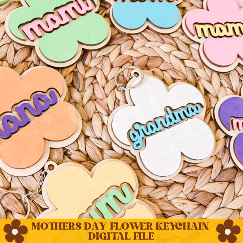 K&ouml;nnte beinhalten: Ein Set aus sechs bunten Holz-Blumen-Schl&uuml;sselanh&auml;ngern mit verschiedenen Namen, darunter "mama", "nana", "grandma" und "mum". Die Schl&uuml;sselanh&auml;nger sind auf einer geflochtenen Weidenoberfl&auml;che abgelegt.