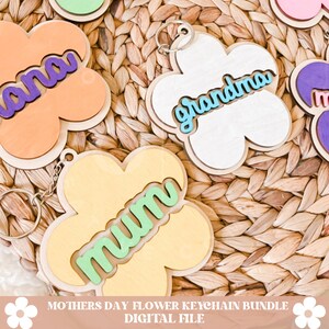 Puede incluir: Un conjunto de cinco llaveros de madera con forma de flor con diferentes fondos y textos de colores. Los llaveros dicen "Mum", "Grandma", "Nana" y dos m&aacute;s. Los llaveros est&aacute;n sobre un fondo de mimbre tejido.