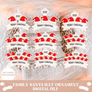 Puede incluir: Nueve dise&ntilde;os digitales para adornos navide&ntilde;os con un gorro de Pap&aacute; Noel rojo con ribete blanco y el texto "Feliz Navidad" y el a&ntilde;o "2022".