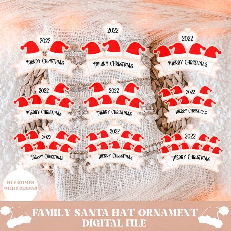 Puede incluir: Nueve dise&ntilde;os digitales para adornos navide&ntilde;os con un gorro de Pap&aacute; Noel rojo con ribete blanco y el texto "Feliz Navidad" y el a&ntilde;o "2022".