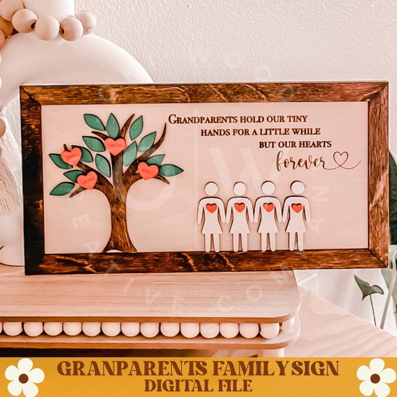 Pu&ograve; includere: Un cartello di legno con cornice marrone e sfondo rosa chiaro. Il cartello presenta un albero ritagliato con foglie verdi e cuori rossi. Il testo sul cartello dice "Grandparents hold our tiny hands for a little while but our hearts forever".