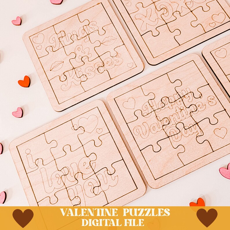 May include: Four wooden Valentine's Day puzzles with different phrases: "Hugs & Kisses", "Happy Valentine's Day", "I Love You", and "XOX".