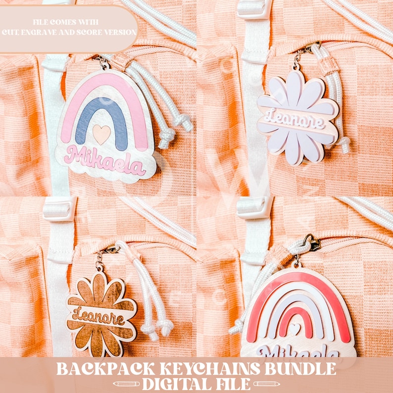 May include: A set of four personalized backpack keychains. Two keychains feature a rainbow design with the name "Mikaela" and a heart. The other two keychains feature a flower design with the name "Leanare".