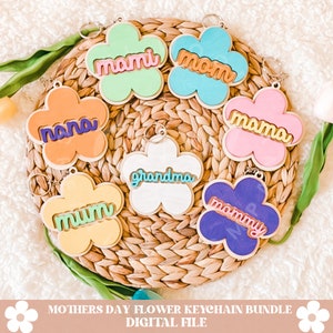 Puede incluir: Un conjunto de siete llaveros coloridos con forma de flor con diferentes palabras, incluyendo "momi", "mom", "nana", "mama", "grandma", "mum" y "mommy". Los llaveros est&aacute;n dispuestos sobre una superficie de mimbre tejido.