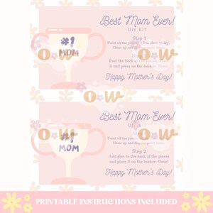 May include: A pink printable craft kit with instructions for making a trophy with the words "Best Mom Ever!" and "#1 Mom" on it. The kit includes a trophy shape, gold glitter letters, and a pink background with floral designs.