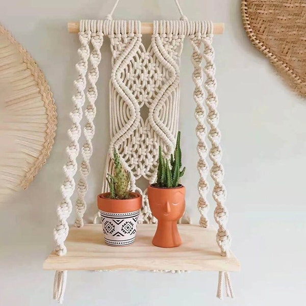 Estante para colgar en la pared de macramé - Decoración del hogar bohemio - Estante de algodón tapiz