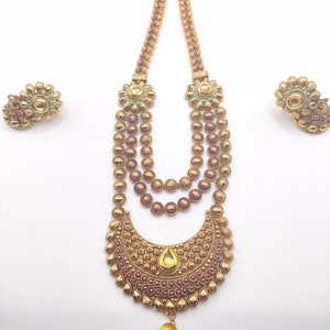 Long 2 layer polki necklace with earrings