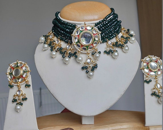Dark Green Pearl Choker Set With 