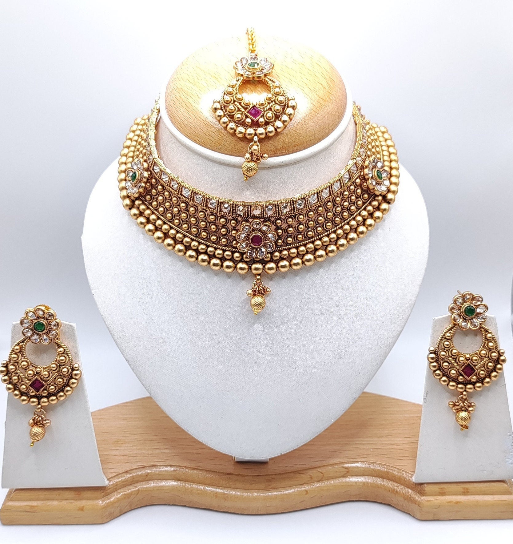 Floral Design Mint Green Gold Kundan Choker set with maang Tikka