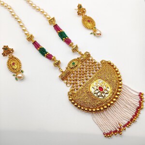 Long Kundan necklace with red & Green beads, maang tikka and earrings included