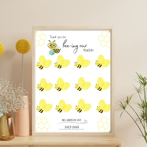 Teacher Appreciation Gift from Class   Gift with Fingerprints  End of Year Teacher Gift DIY Bee Themed Thank You Card  Customized Gift