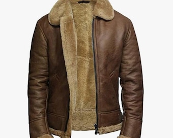 Winter Leather Jacket Original Sheepskin Aviator Jacket B3 Bomber Men's Brown Warm Fur Jacket