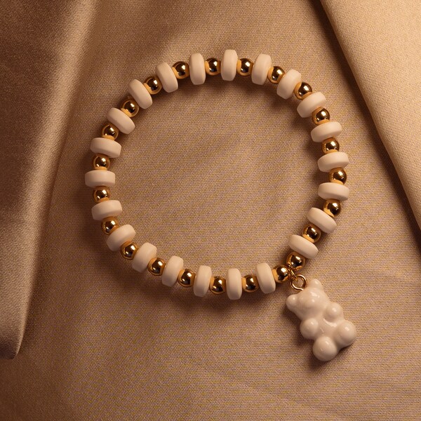 Perles en argile polymère personnalisées colorées faites à la main Bracelet en peluche perlé avec un charme d'ours gommeux à la mode Insta Fashion cadeau plaqué or