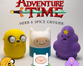 Molinillo de hierbas estilo aventura Finn Jake LSP, molinillo de especias con personaje de dibujos animados, artículo coleccionable de fan art impreso en 3D, regalo para geeks