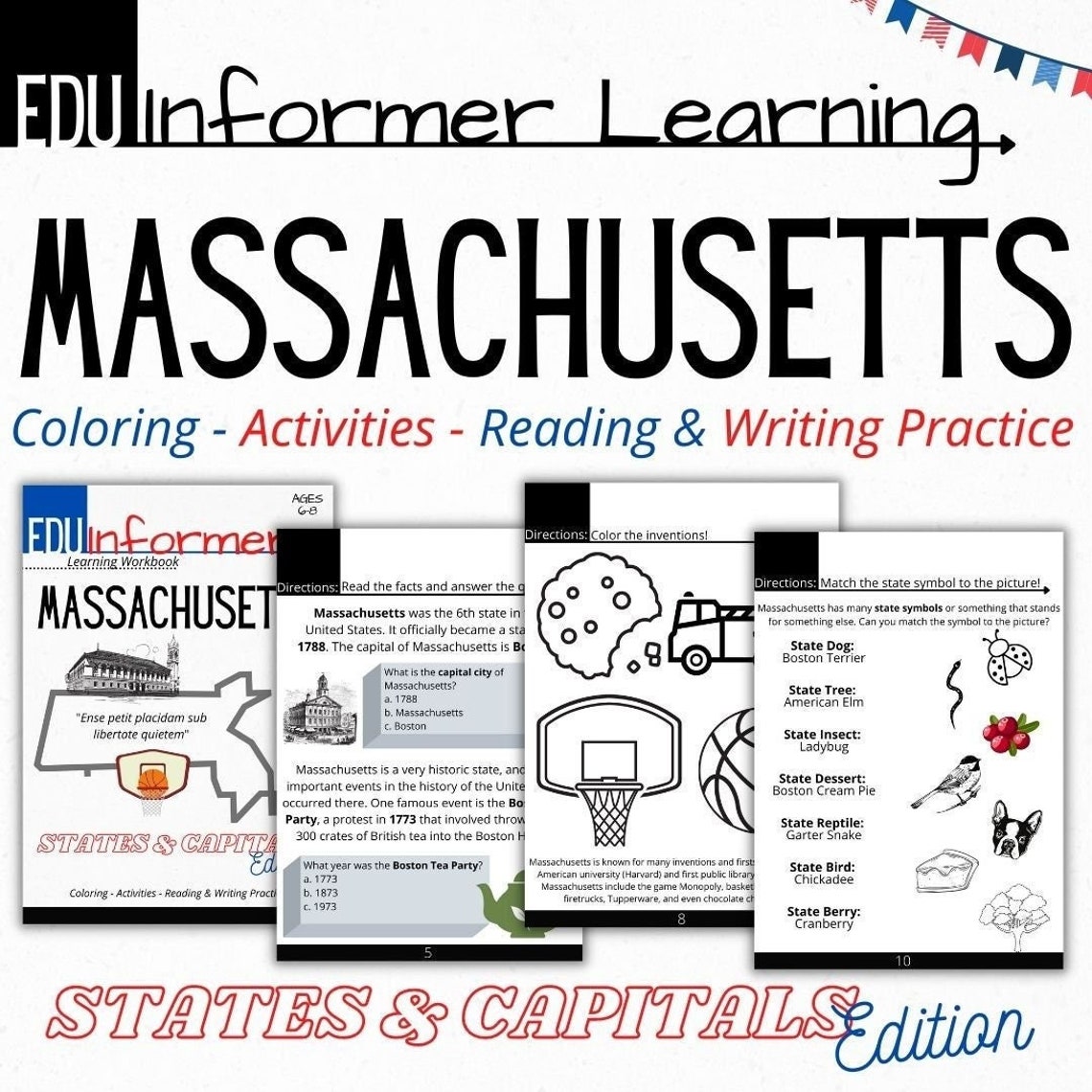 States and Capitals Series, Massachusetts Workbook, Printable and ...