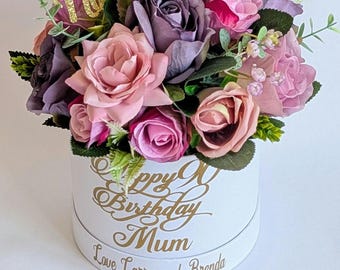 Personalised 90th Birthday Hatbox Bouquet Gift with Silk Flowers