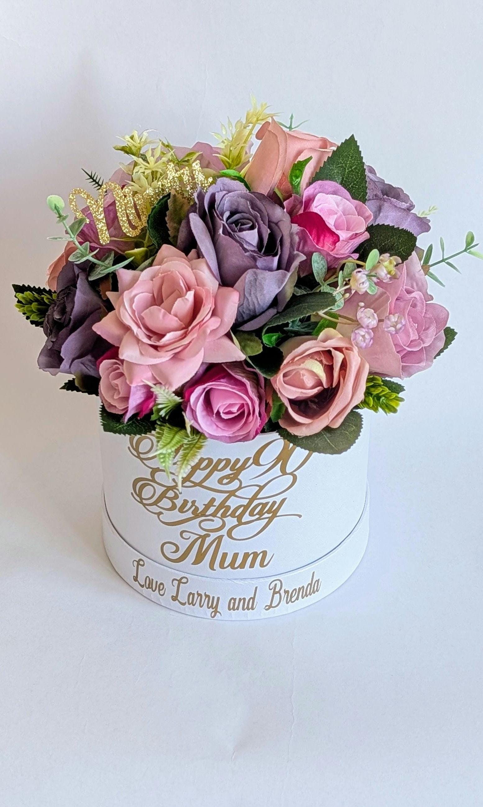Personalised 90th Birthday Hatbox Bouquet Gift With Silk Flowers
