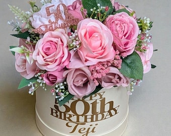 50th Birthday Gift: Personalised Silk Flower Hatbox Bouquet