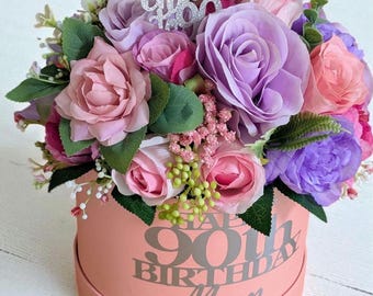 Personalised 90th Birthday Present: Silk Flower Bouquet in Hatbox