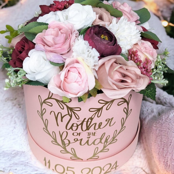 Wedding Gift For Mother Of The Bride And Groom, Artificial Floral Bouquet In A Personalised Hatbox, Gift From Bride And Groom