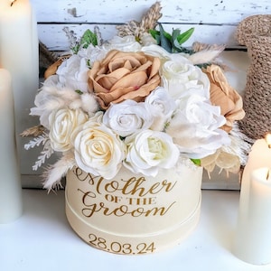 Mother Of The Bride Gift, Mother Of The Groom Wedding Present, Artificial Flowers In Personalised Hatbox Bouquet