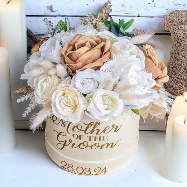 Mother Of The Bride Gift, Mother Of The Groom Wedding Present, Artificial Flowers In Personalised Hatbox Bouquet