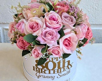80th Birthday Floral Hatbox Gift: Personalised Silk Flower Bouquet
