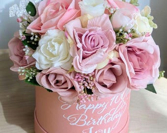 Personalised 100th Birthday Gift: Artificial Flower Bouquet in Hatbox