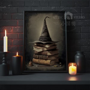 Wizard Hat on Antique Books, Vintage Poster, Dark Academia, Haunting Ghost, Halloween Decor Halloween Homedecor/Picture/Walldecor/ 80s